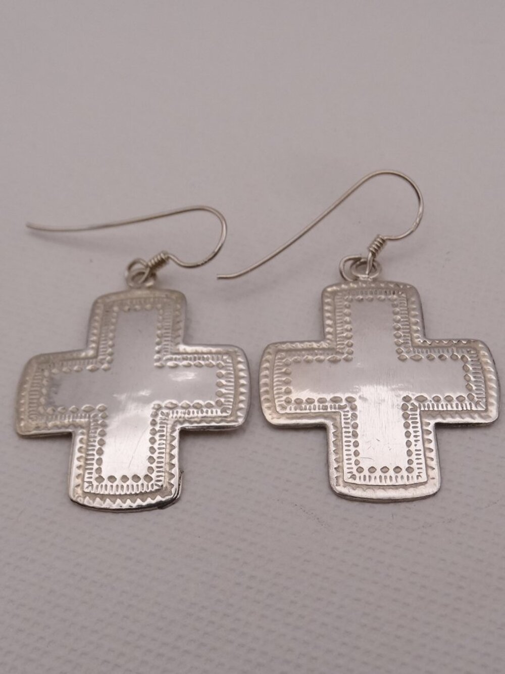 Vintage 925 Sterling Silver Punch Design Cross Hook Earrings 4.7 Grams Religious